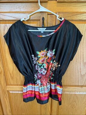 42 Speckless Black Floral Stripe Smocked Waist Blouse Medium Satin Look Top